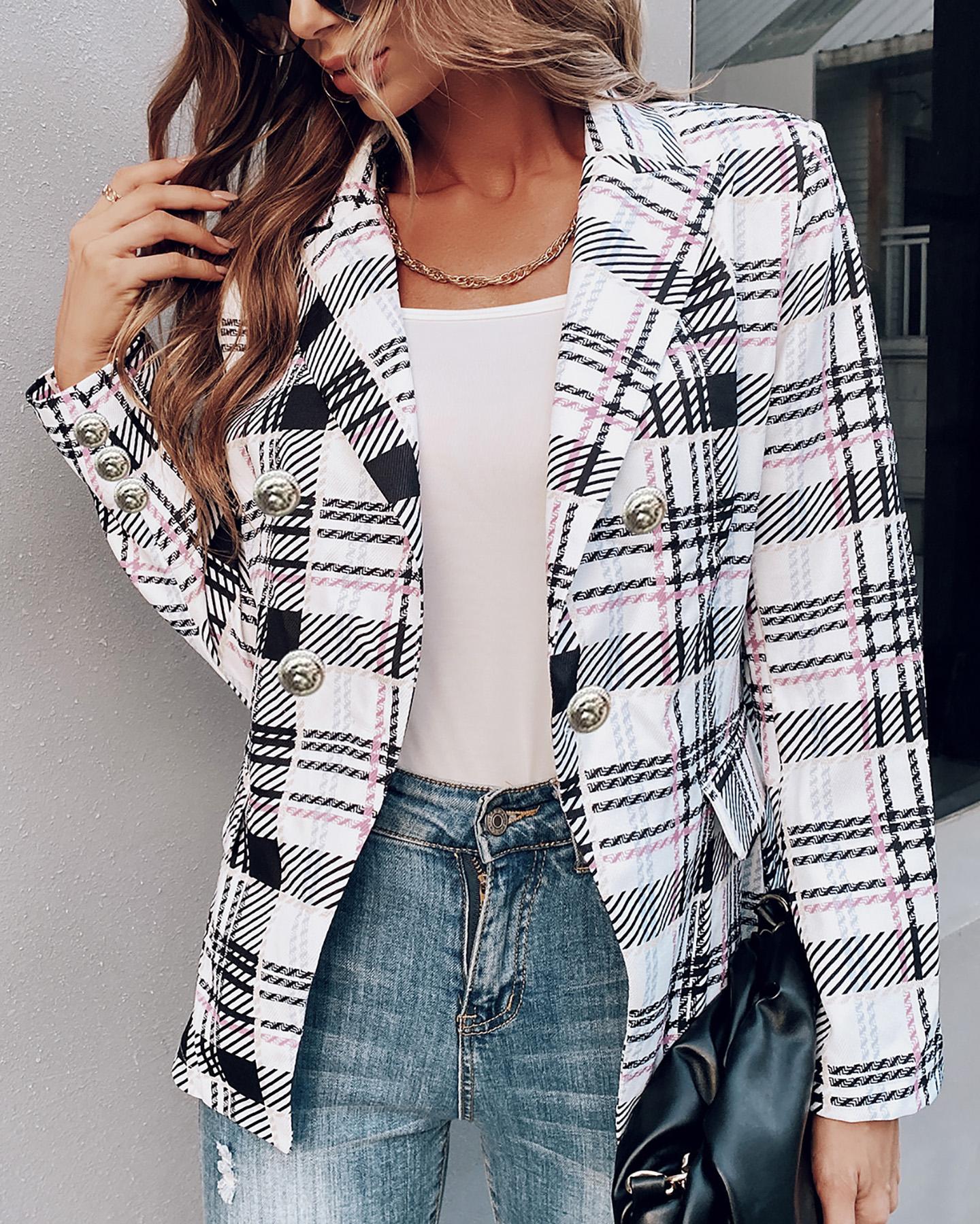 

Double Breasted Pocket Design Plaid Blazer Coat, Multicolor