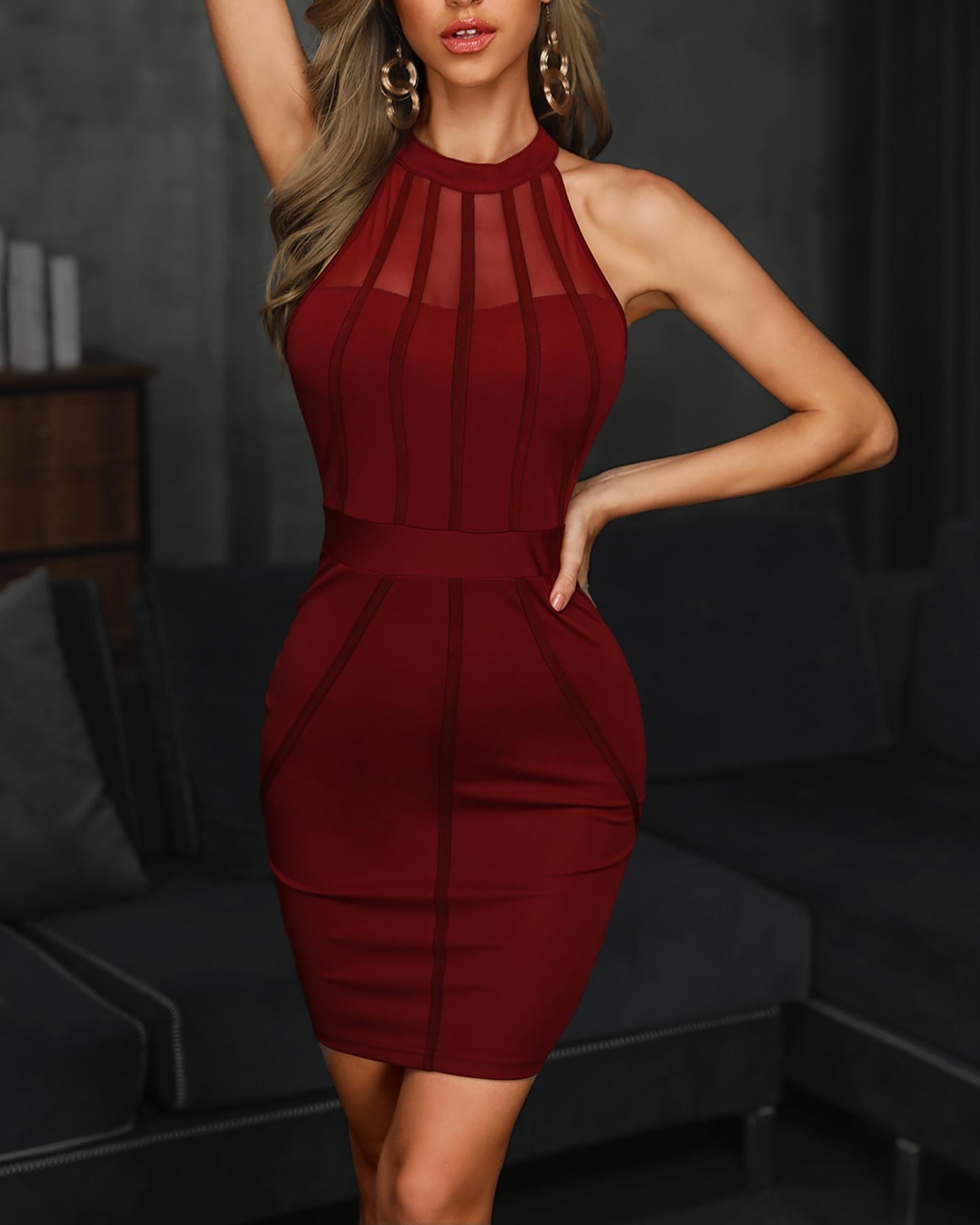 

Sheer Mesh Insert Cutout Bodycon Dress, Dark red