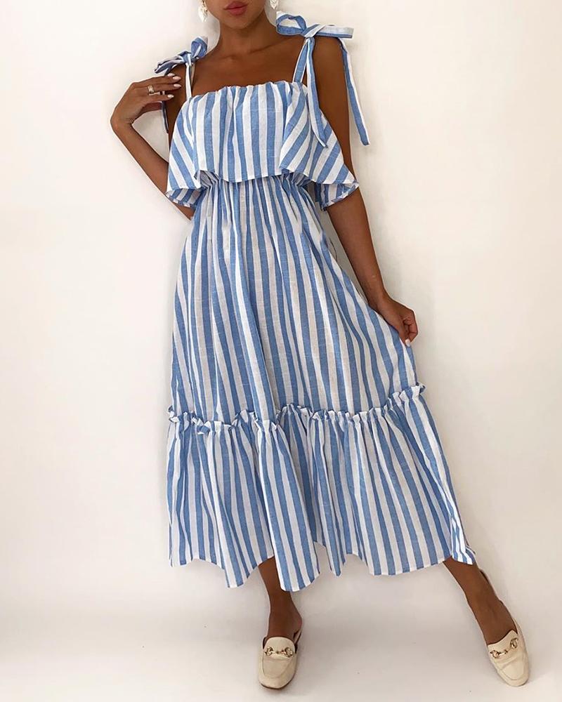 

Tied Strap Frill Striped Casual Dress, Blue