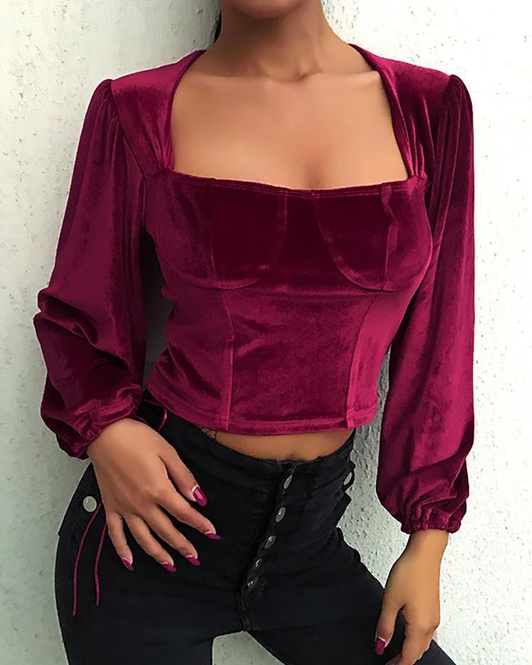 

Velvet Square Neck Long Sleeve Top, Red