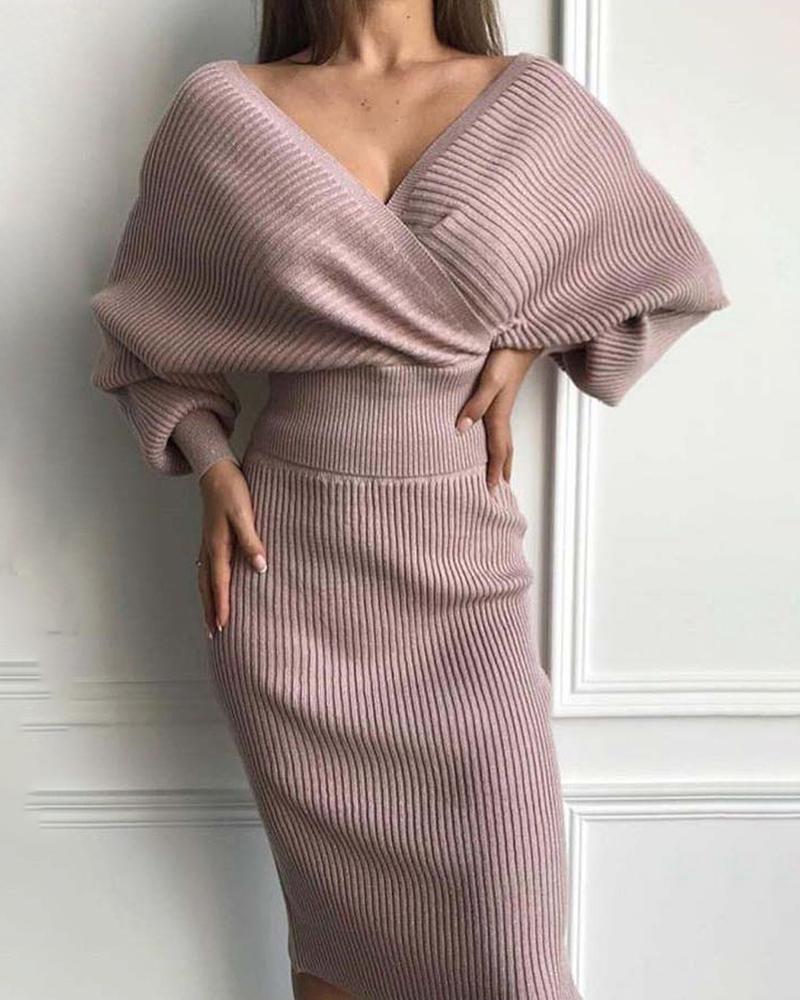 

Solid V-Neck Ribbed Batwing Sleeve Top & Skirts Sets, Pink