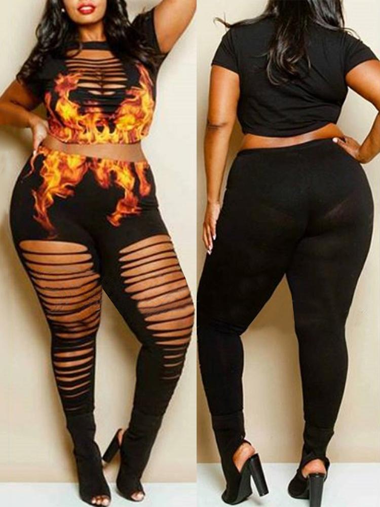 

Sexy Printed Ladder Cutout Cropped Pantsuit, Black