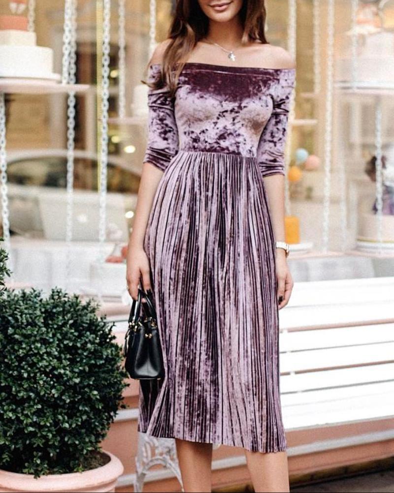 

Solid Off Shoulder Half Sleeve Pleated Dress, Purple