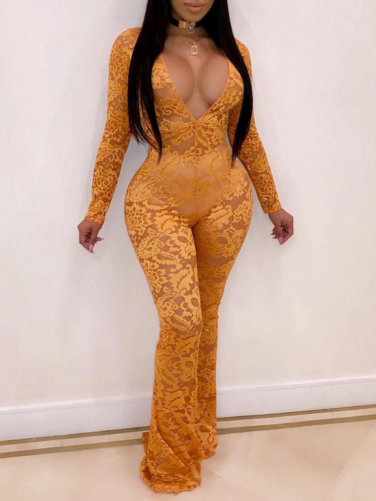 

Floral Lace Sheer Deep V-Neck Jumpsuits