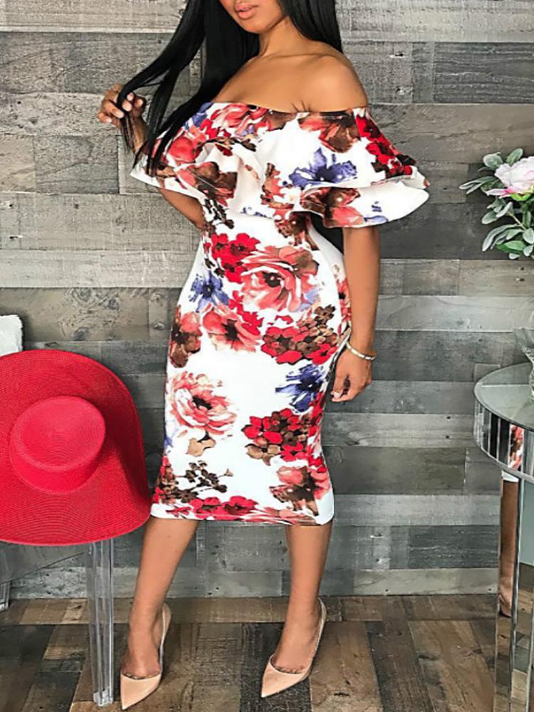 

Floral Print Flounce Off Shoulder Bodycon Dress, Red