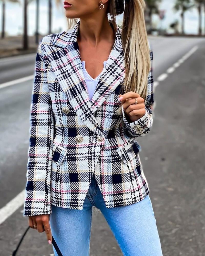 

Double Breasted Pocket Design Plaid Blazer Coat, Multicolor