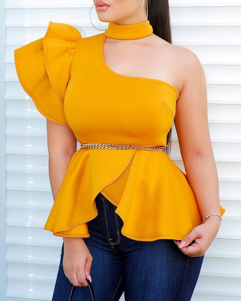 

Solid Ruffles Design Irregular Hem Blouse, Yellow