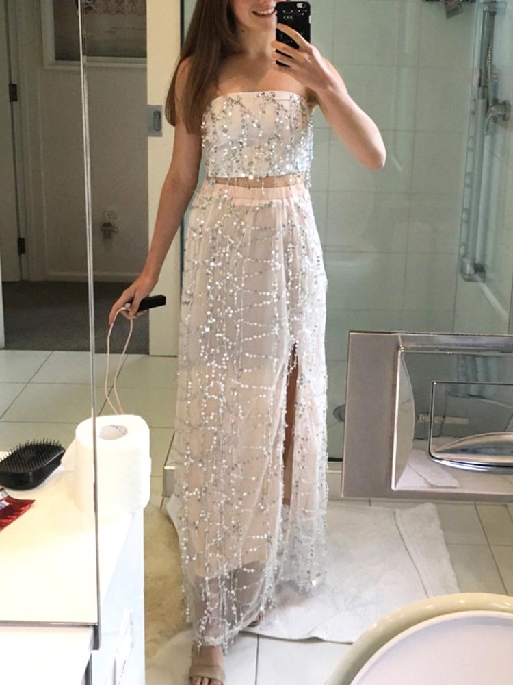

Glittering Sequins Strapless High Slit Skirt Set, Beige;blue;black