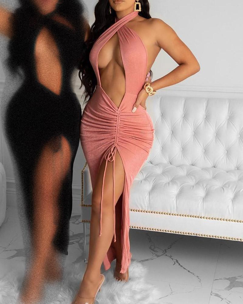 

Cutout Front Ruched High Slit Dress, Pink