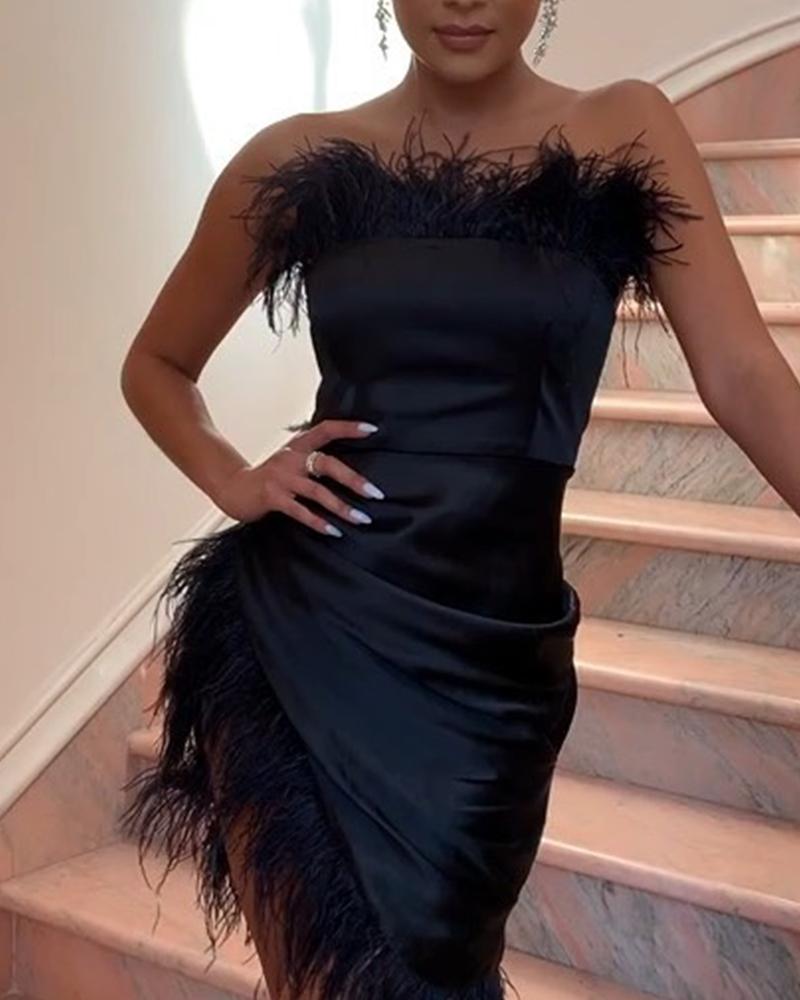 

Faux Fur Hem Off Shoulder Dress, Black