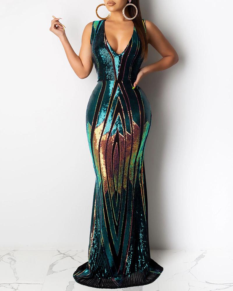 

Sleeveless Sequin Evening Dress, Green