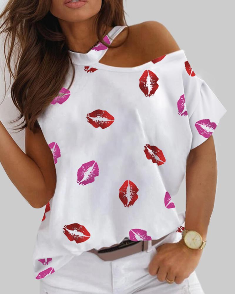 

Valentine' Day Lip Print One Shoulder Top, White