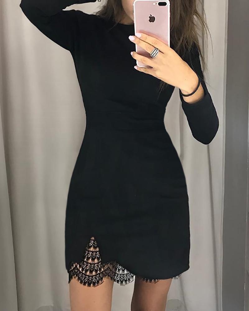 

Long Sleeve Eyelash Lace Insert Dress, Black