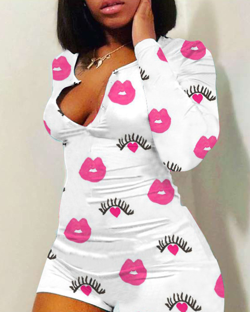 

Lip Print Long Sleeve Romper, Hot pink