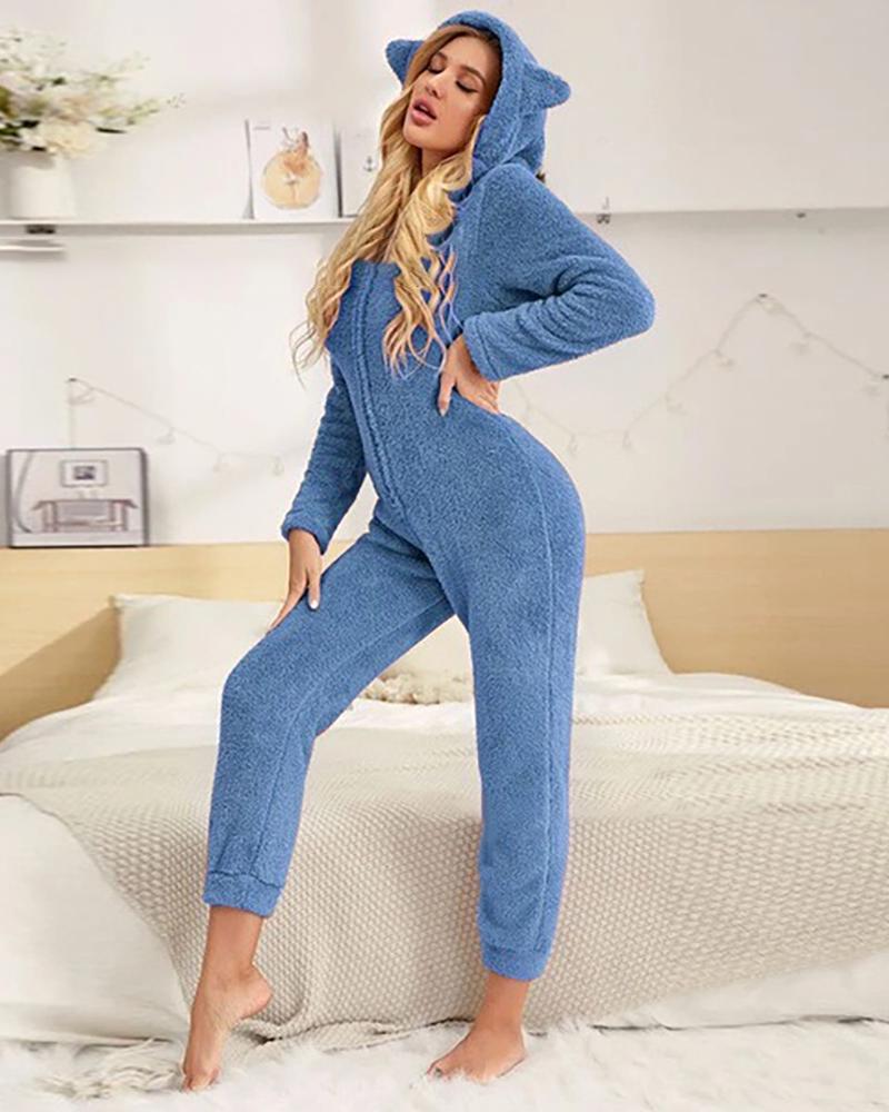 

Plain Hooded Teddy Animal Onesie Pajamas, Blue