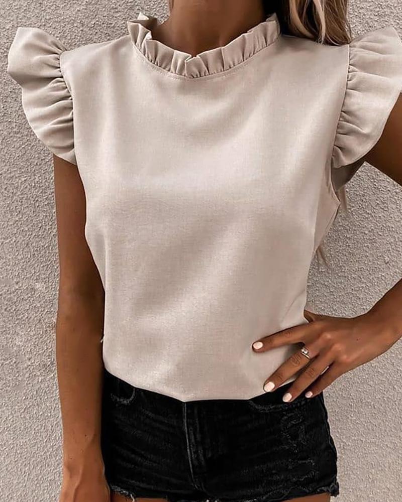

Flutter Sleeve Ruched Frill Hem Casual Top, Apricot