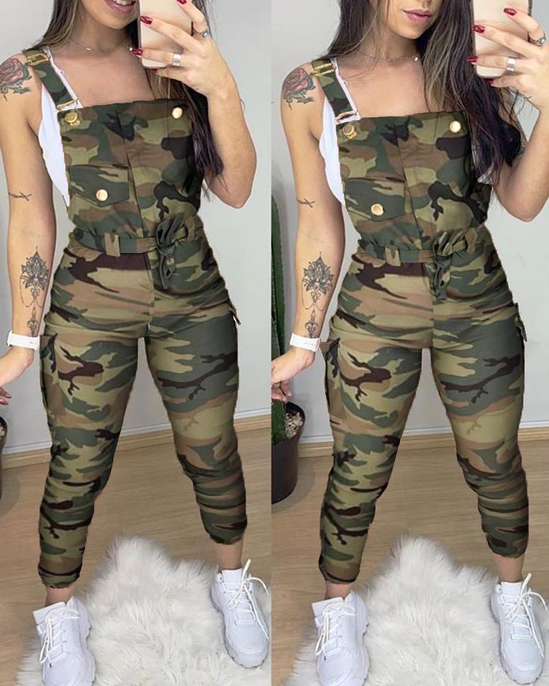 

Camouflage Print Buckled Pocket Design Suspender Jumpsuit, Multicolor