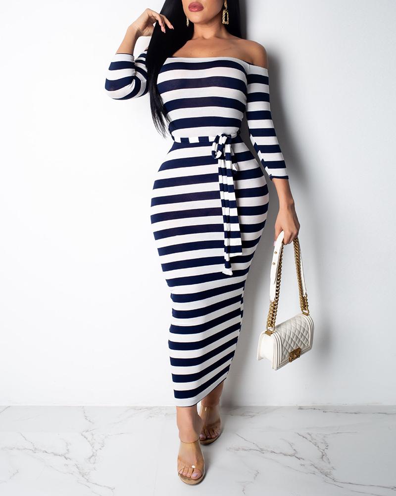 

Off Shoulder Striped Sheath Dress, Dark blue