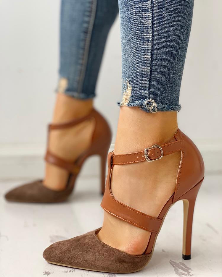 

Pointed Toe Suede & PU Cut Out Heels, Brown