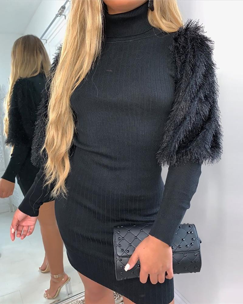 

Ribbed Fluffy High Neck Long Sleeves Dress, Black