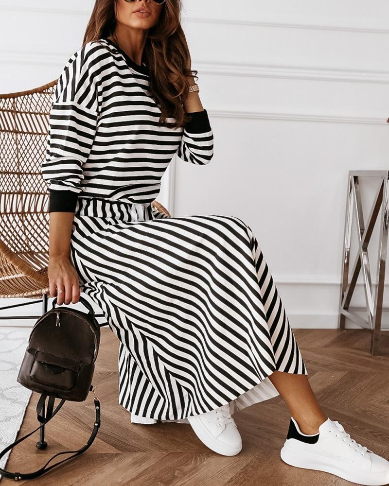 

Round Neck Striped Drawstring Top & Skirt Set, Black
