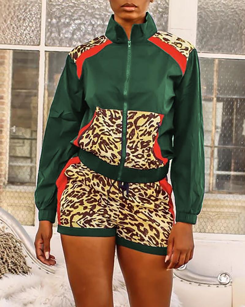 

Colorblock Leopard Print Zipper Sporty Top & Shorts Sets, Green