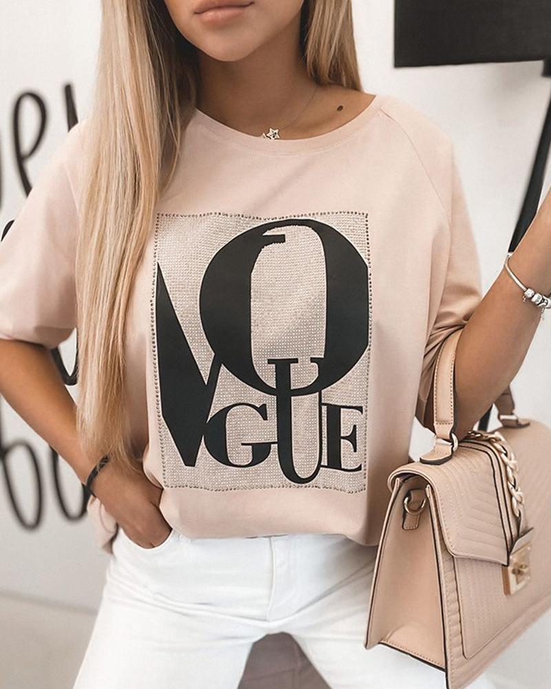 

Letter Print Short Sleeve Studded Casual T-shirt, Pink