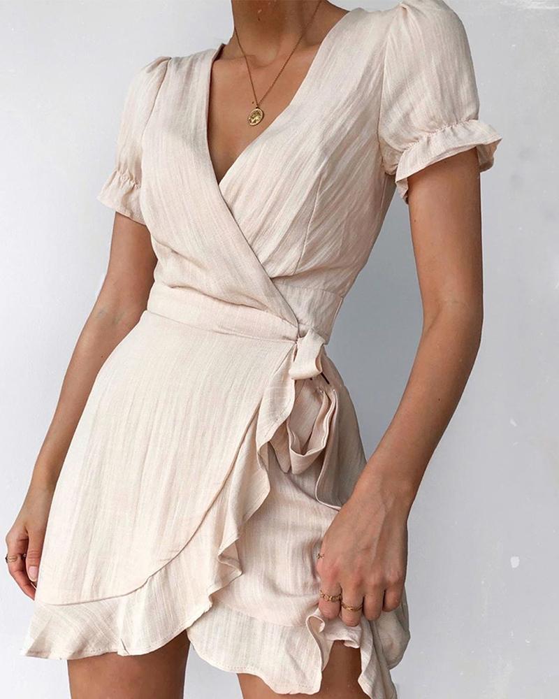 

V Neck Wrap Mini Dress, Apricot