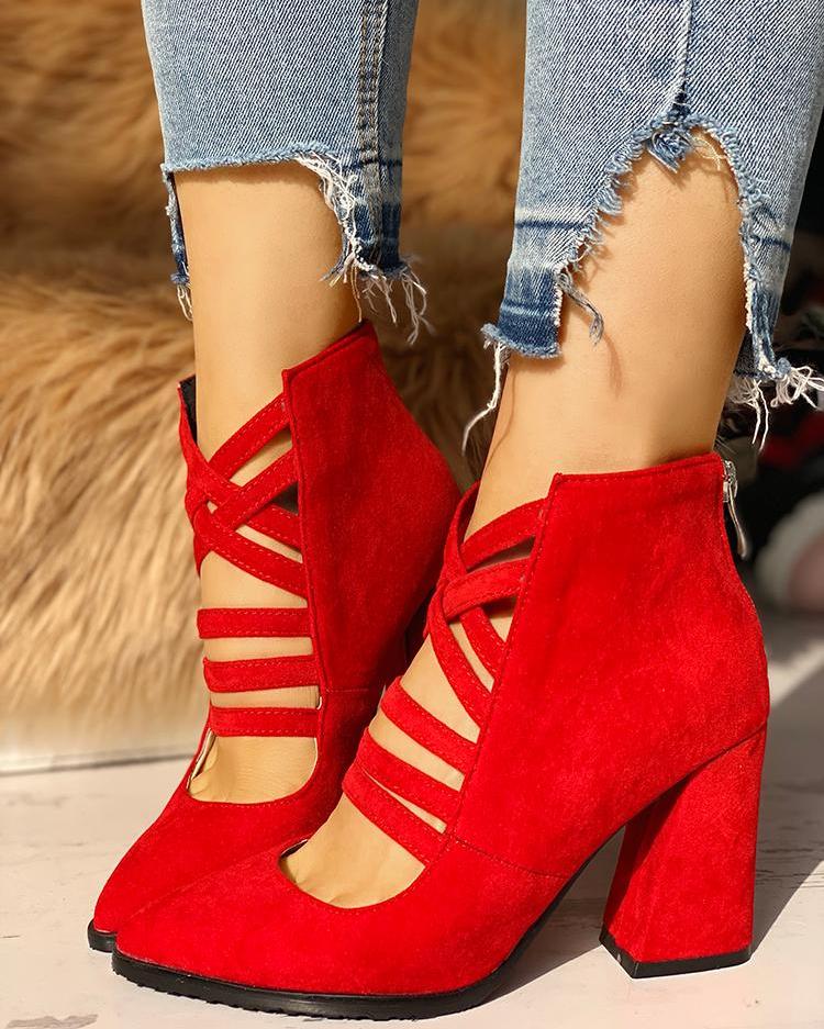 

Crisscross Zipper Back Chunky Heeled Boot