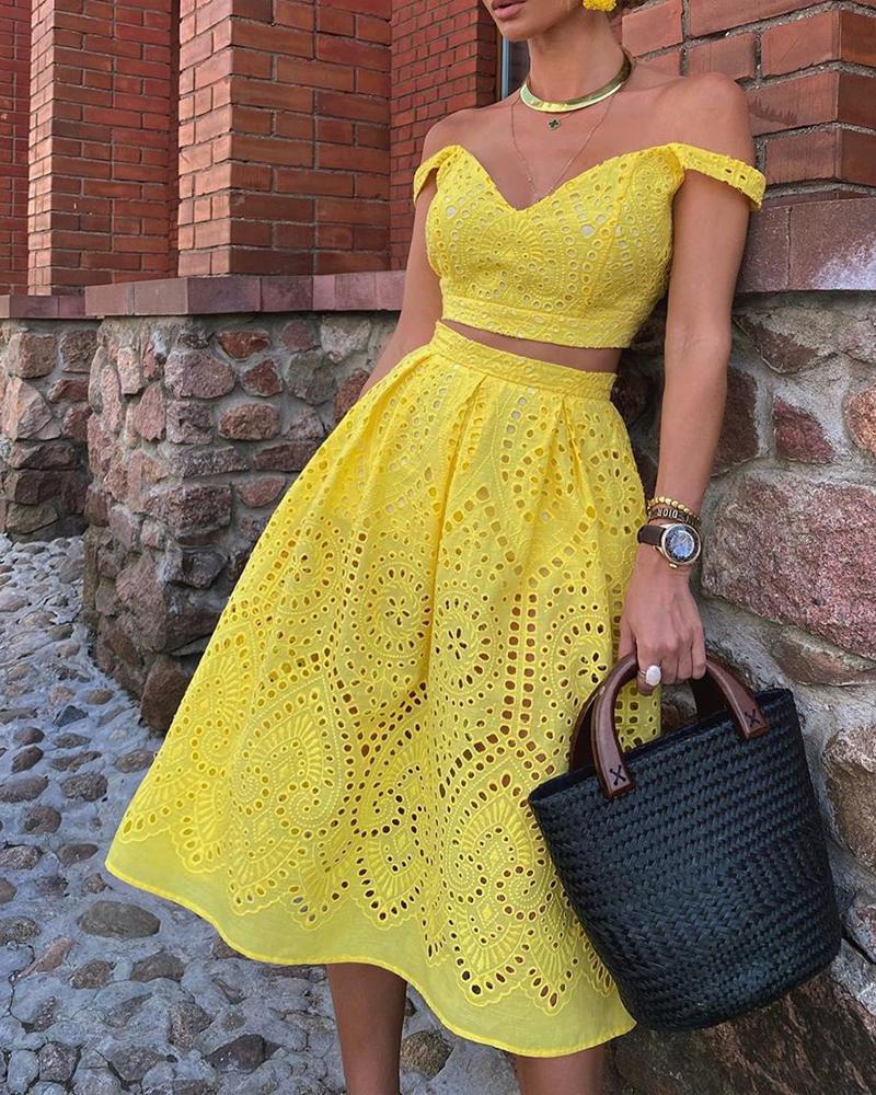 

Broderie Anglaise Lace Thin Strap Top & Skirt Set, Yellow