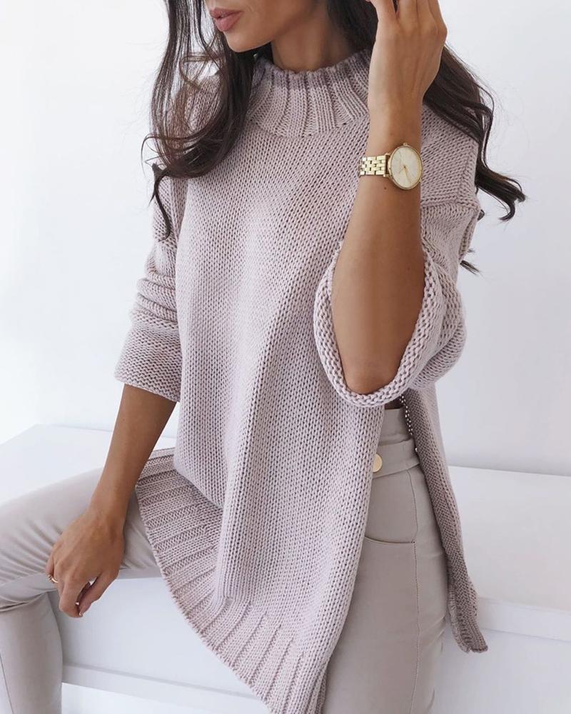 

Round Neck Side Slit Long Sleeve Sweater