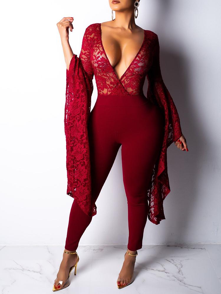 

Exaggerated Bell Sleeve Lace Splicing Jumpsuit, Wine red