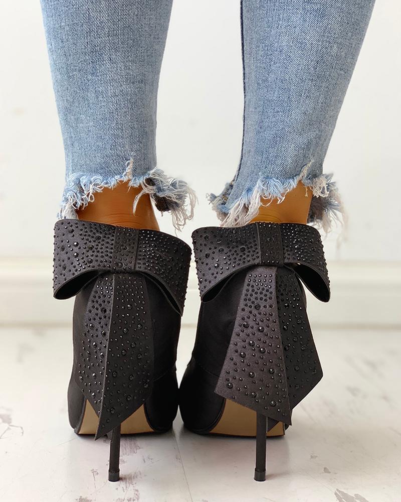 

Pointed Toe Studded Bowknot Detail Thin Heels, Black