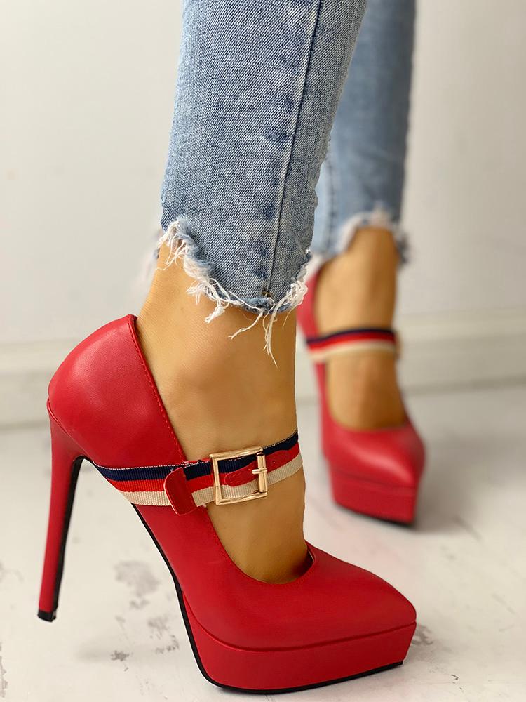 

Striped Tape Pointed Toe Platform Heels