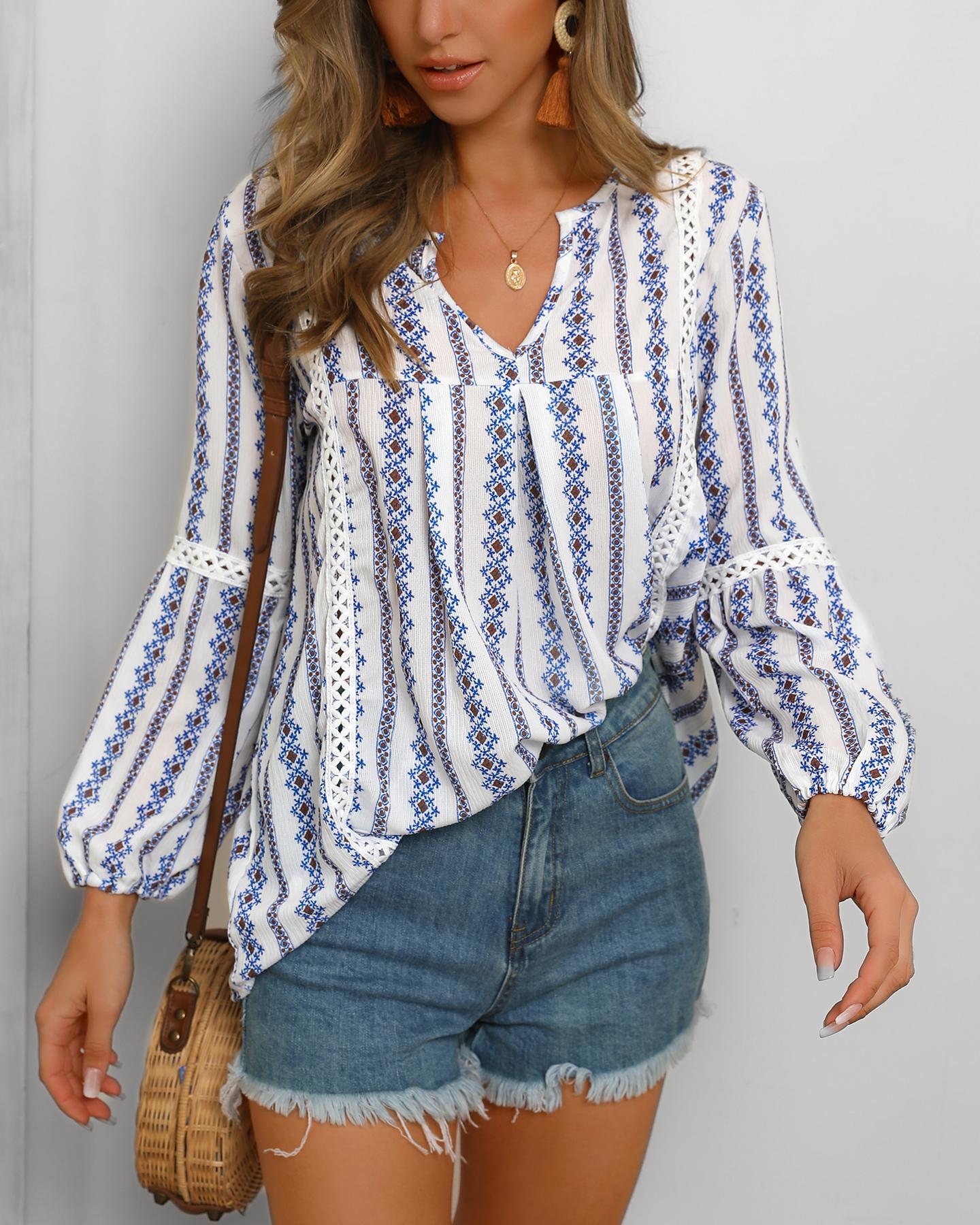 

V-Neck Print Long Sleeve Blouse, Blue