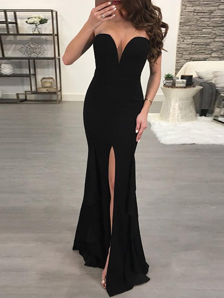 

Sweetheart Solid High Slit Ruffled Maxi Dress, Black