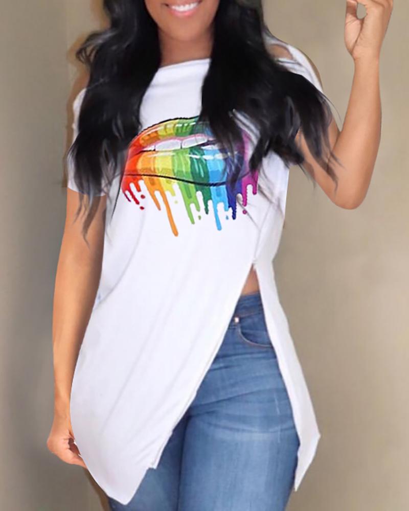 

Colorful Mouth Pattern Slit Design Top, White