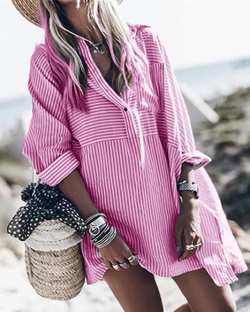

Stiped Colorblock Button Design Casual Shirt, Pink