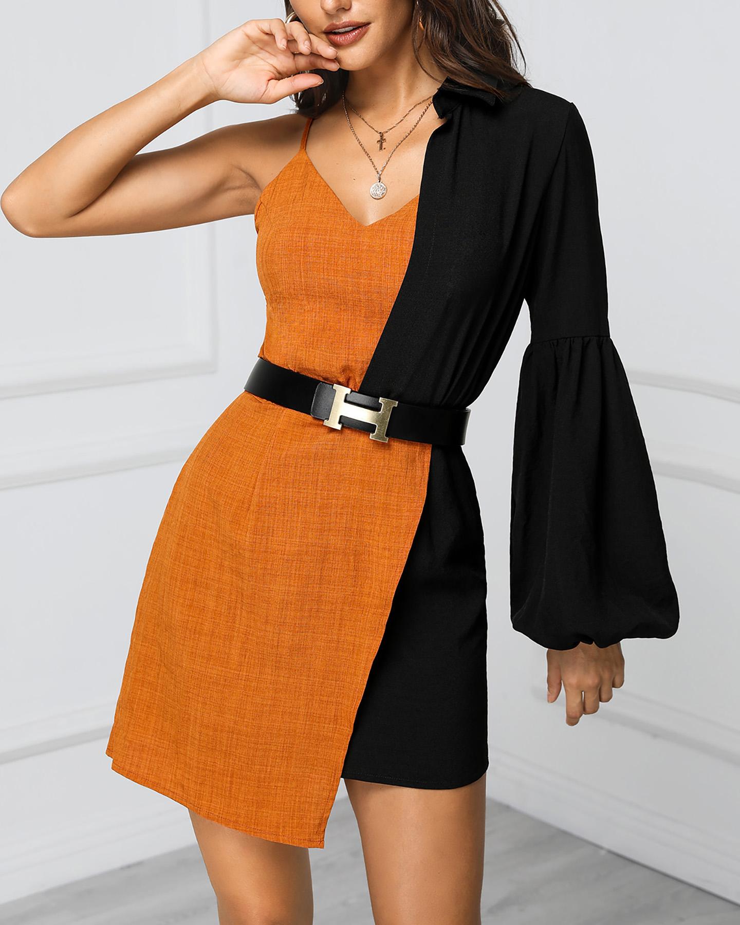

Colorblock Insert One Long Sleeve Irregular Dress, Brown
