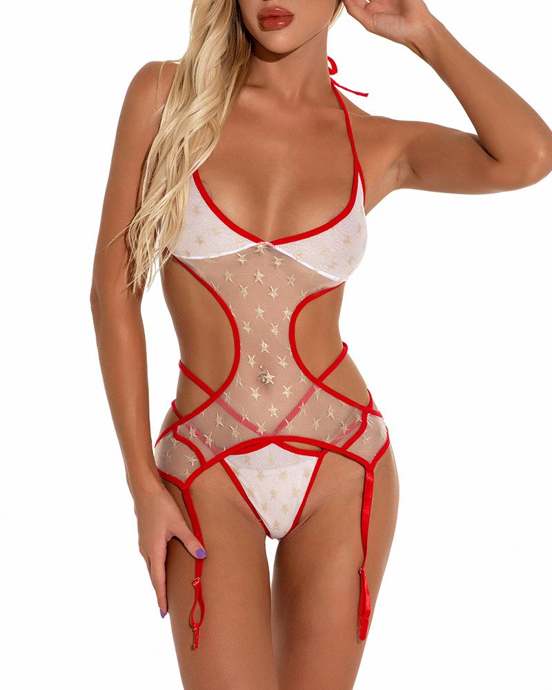 

Star Pattern Sheer Mesh Colorblock Lingeire Custume Uniform Set, White