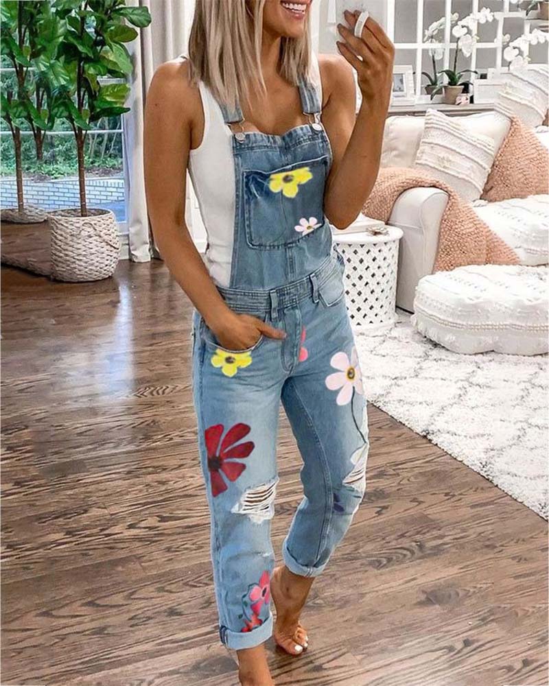 

Ripped Floral Print Denim Suspender Jumpsuit, Blue