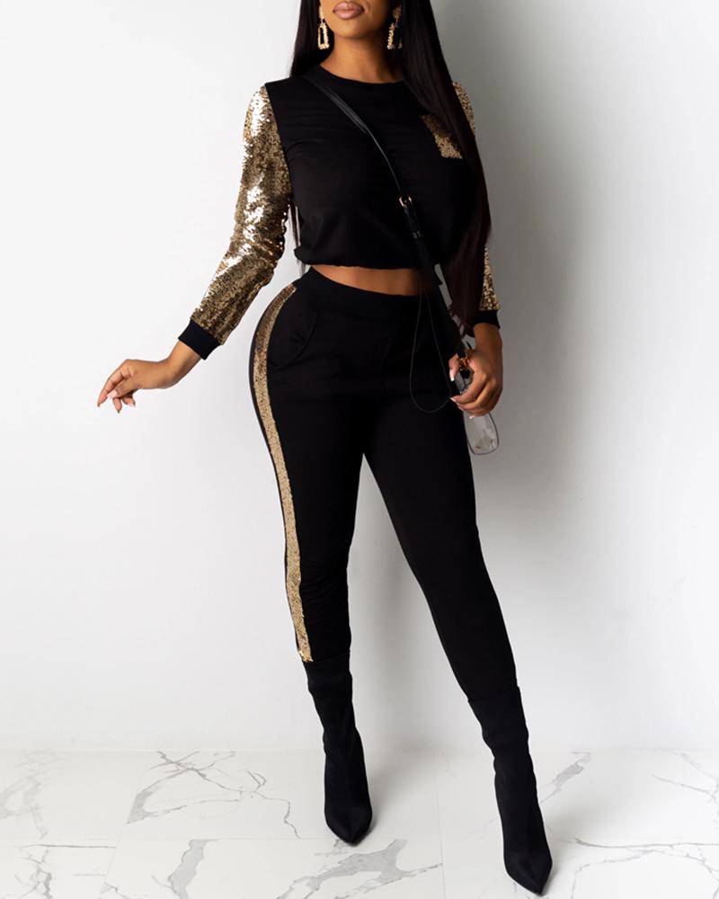 

Sequins Long Sleeve Top & Pants Sets, Black