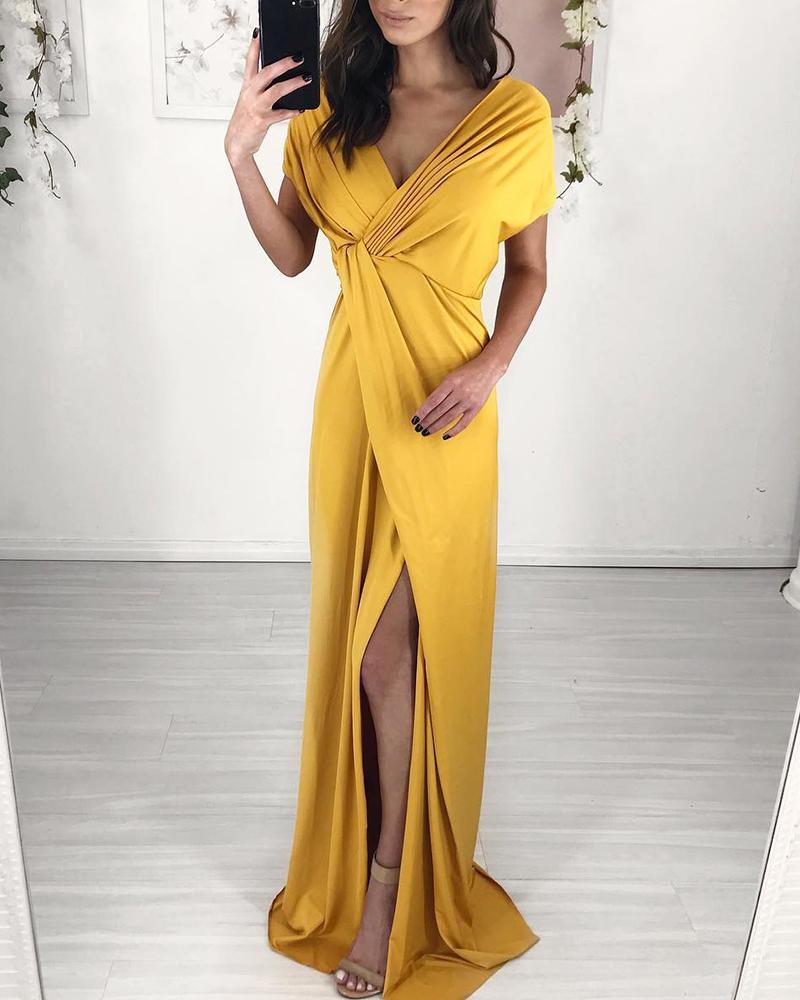 

V-Neck Ruched Thigh Slit Evening Dress