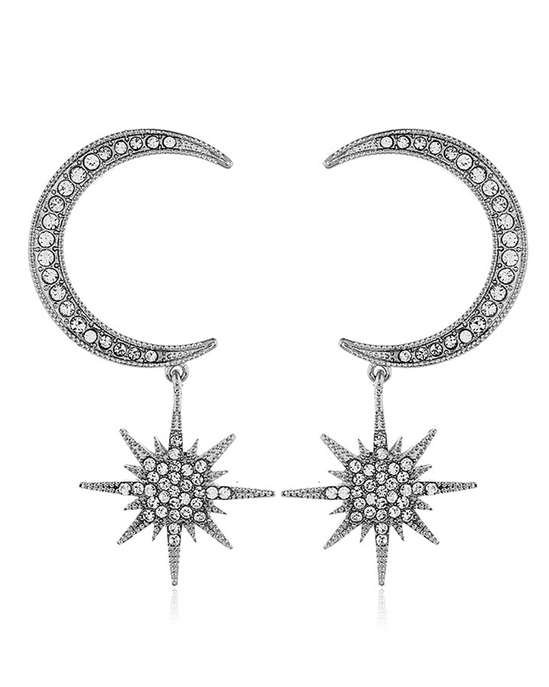 

Moon Star Pattern Studded Drop Earrings, Silver