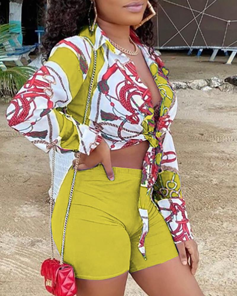 

Retro Print Tie Front Top & Shorts Set, Yellow