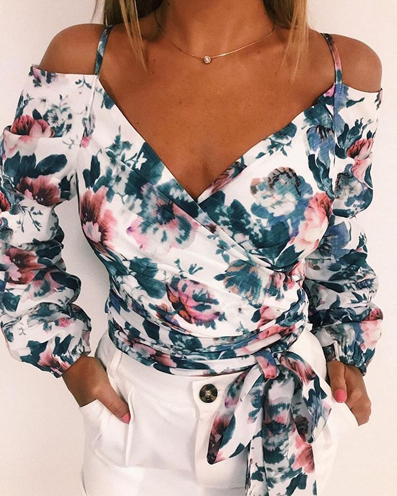 

Floral Printed Cold Shoulder Wrap Blouse, Blue