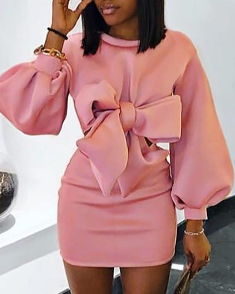 

Lantern Sleeve Bowknot Design Bodycon Dress, Pink