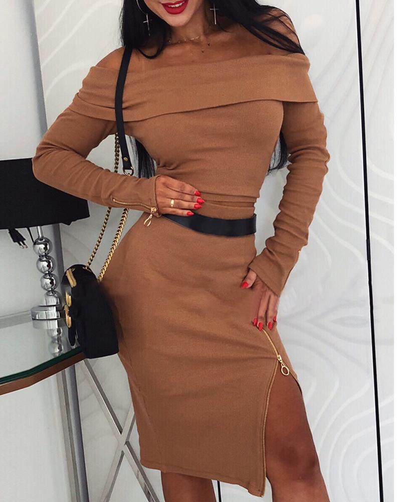 

Off Shoulder Fold-Over Slide Slit Dress, Khaki