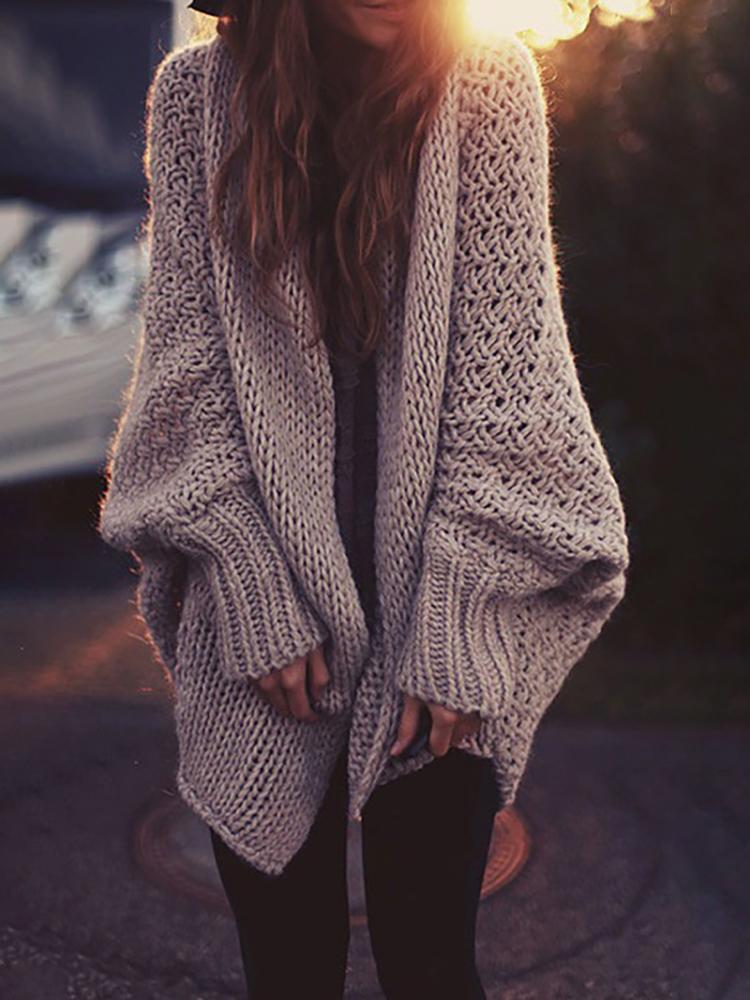 

Stylish Knitted Hollow Out Open Front Sweater, Khaki