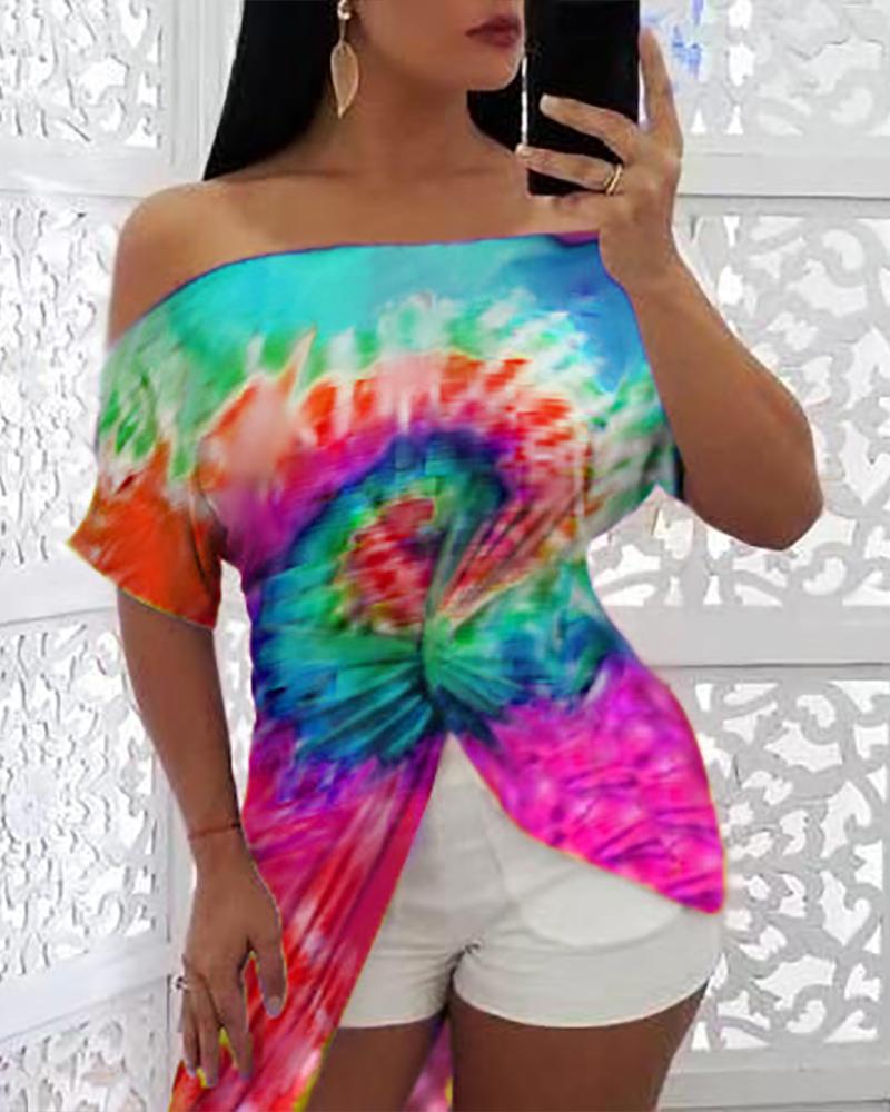 

Tie Dye Print Twisted Detail Dip Hem Blouse, Light blue